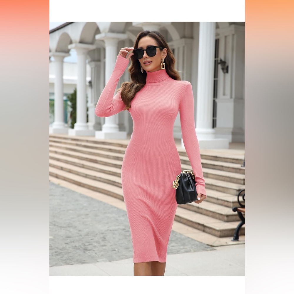 Pink Ribbed Bodycon Turtleneck Dress